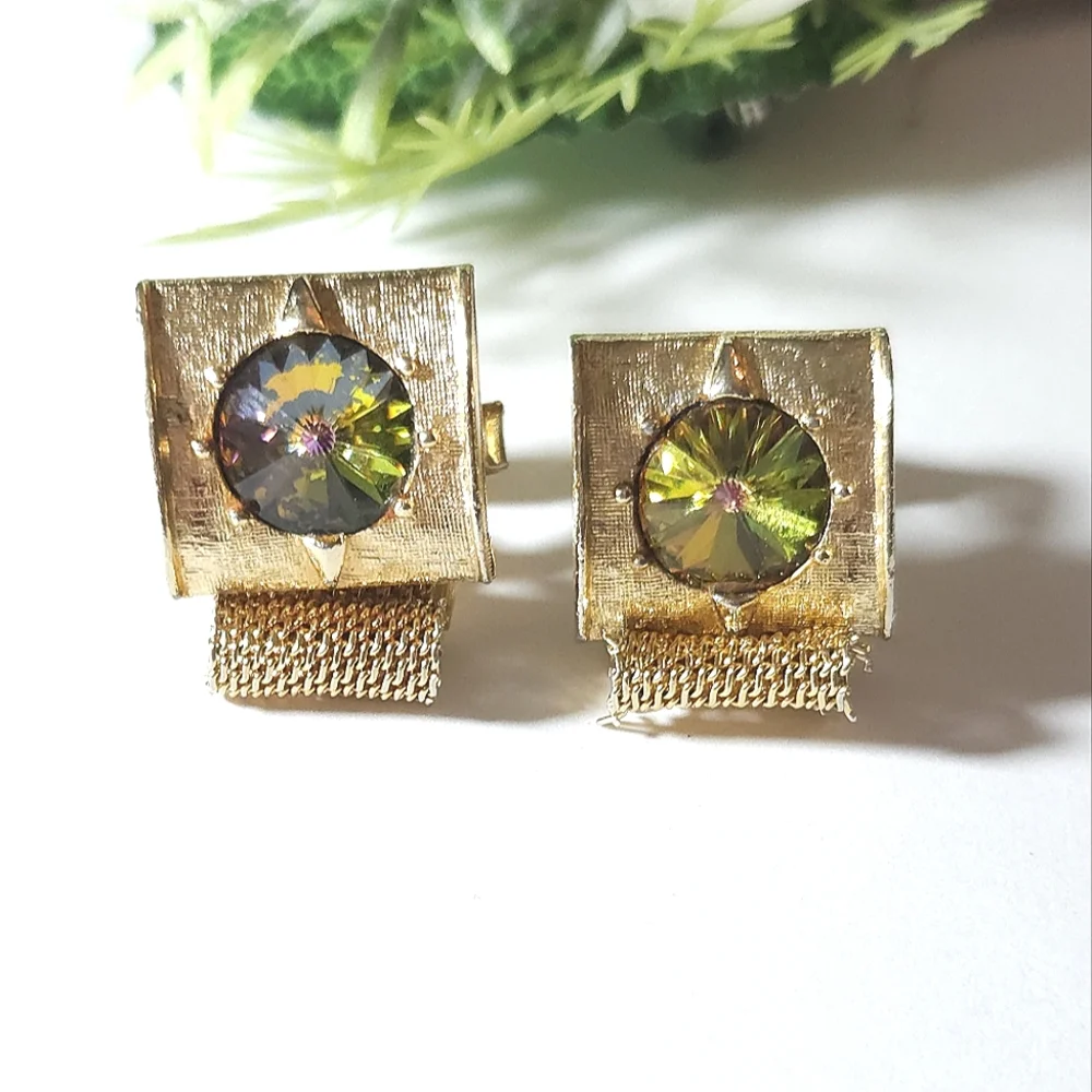 Vintage Watermelon Rivoli Gold Tone Mesh Wrap Around Cuff Links Unisex 1950s